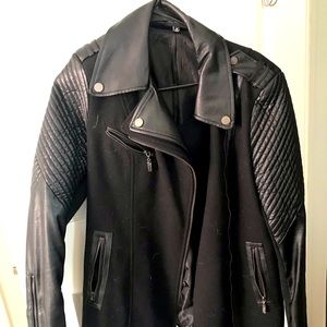 Black Pea coat- Wool & Leather Warm and Trendy